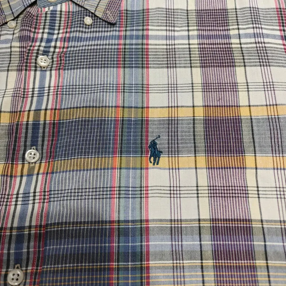 Vintage Ralph Lauren Mens XL Madras Plaid Shirt Short Sleeve Hand Woven Blue